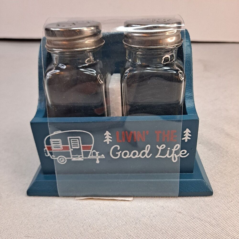 Boston Warehouse Camping  Glass Salt Pepper Shaker Wood Tray Livin the Good Life